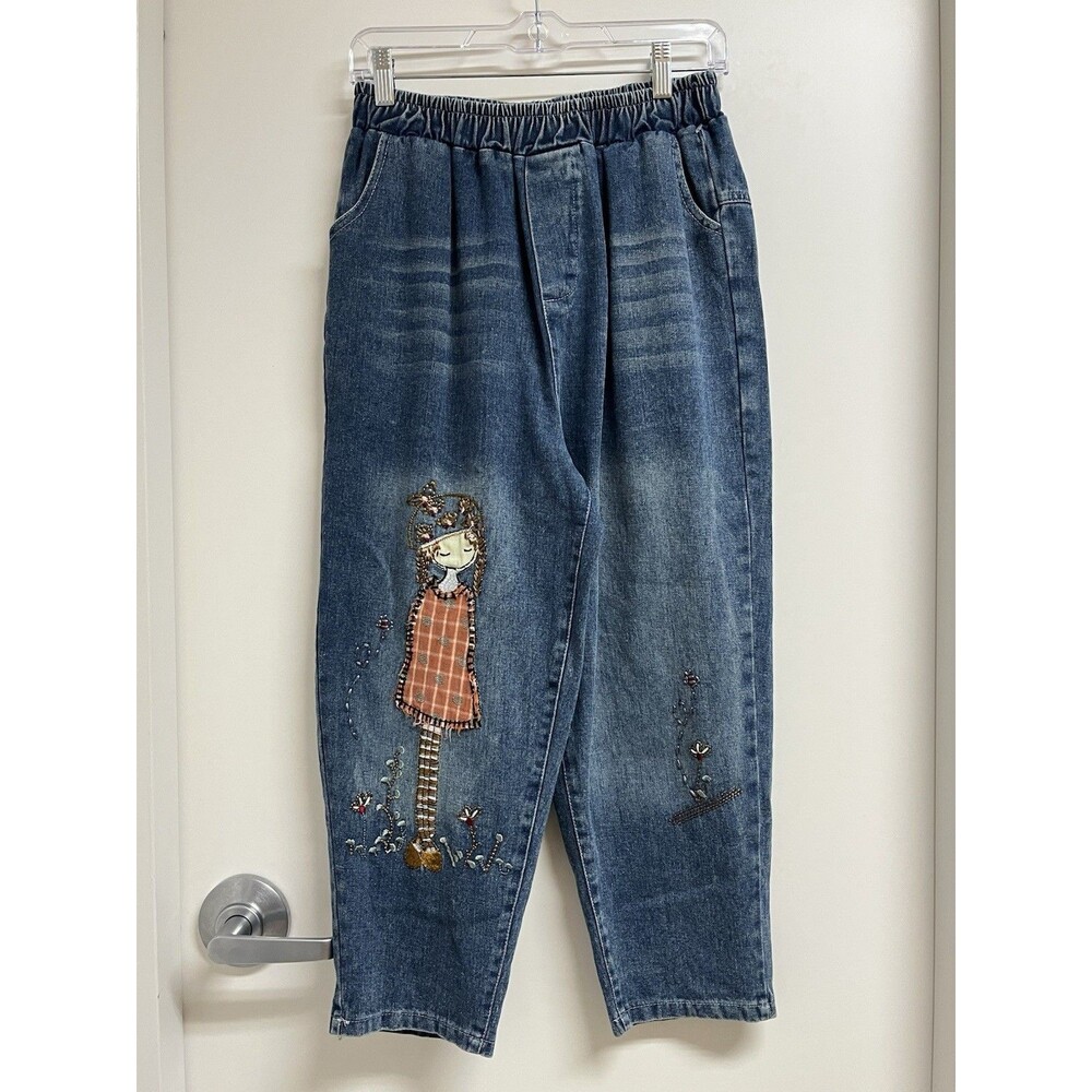 Embroidered Blue Denim Elastic Waist Pockets Portrait Floral Crop Pants Fits S